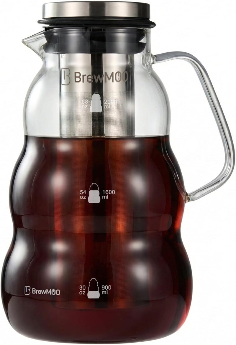 BrewMOO - Cold Brew Coffee Maker (2.0L/68Oz), Sleek Wave Borosilicate Glass Pitcher with Stainless Steel Filter, Airtight Lid + Wide Spout + Comfort Handle, Effortless Manual, Sophisticated Gift - Image 1